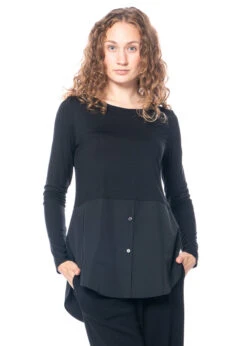 ULI SCHNEIDER, Bluse Aus Materialmix Für Lagenlooks -Kleider Geschaft cotton jersey blusenshirt gr. 38 schwarz m. sweat flared u. bea 3